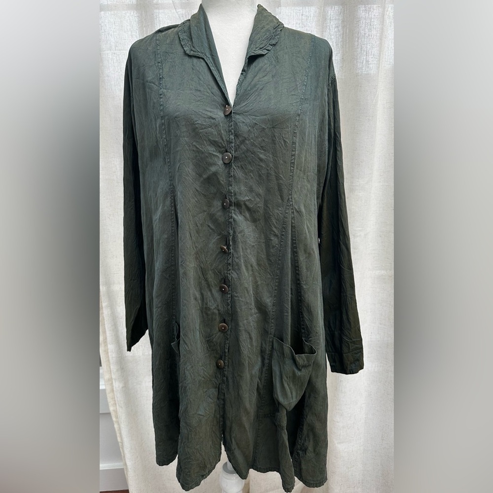 Flax 100% Silk Teal Iridescent Button Down Swing A Line Dress or Jacket Medium
